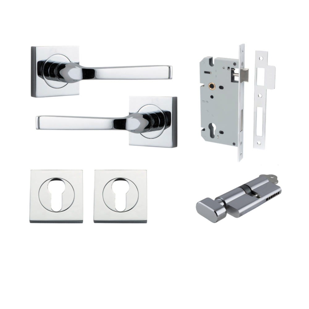 Door Lever Annecy Square Rose Pair Polished Chrome H52xW52xP65mm Entrance Kit, Mortice Lock Euro Polished Chrome CTC85mm Backset 60mm, Euro Cylinder Key Thumb 6 Pin Polished Chrome L70mm KA1, Escutcheon Euro Concealed Fix Square Pair Polished Chro… in Polished Chrome