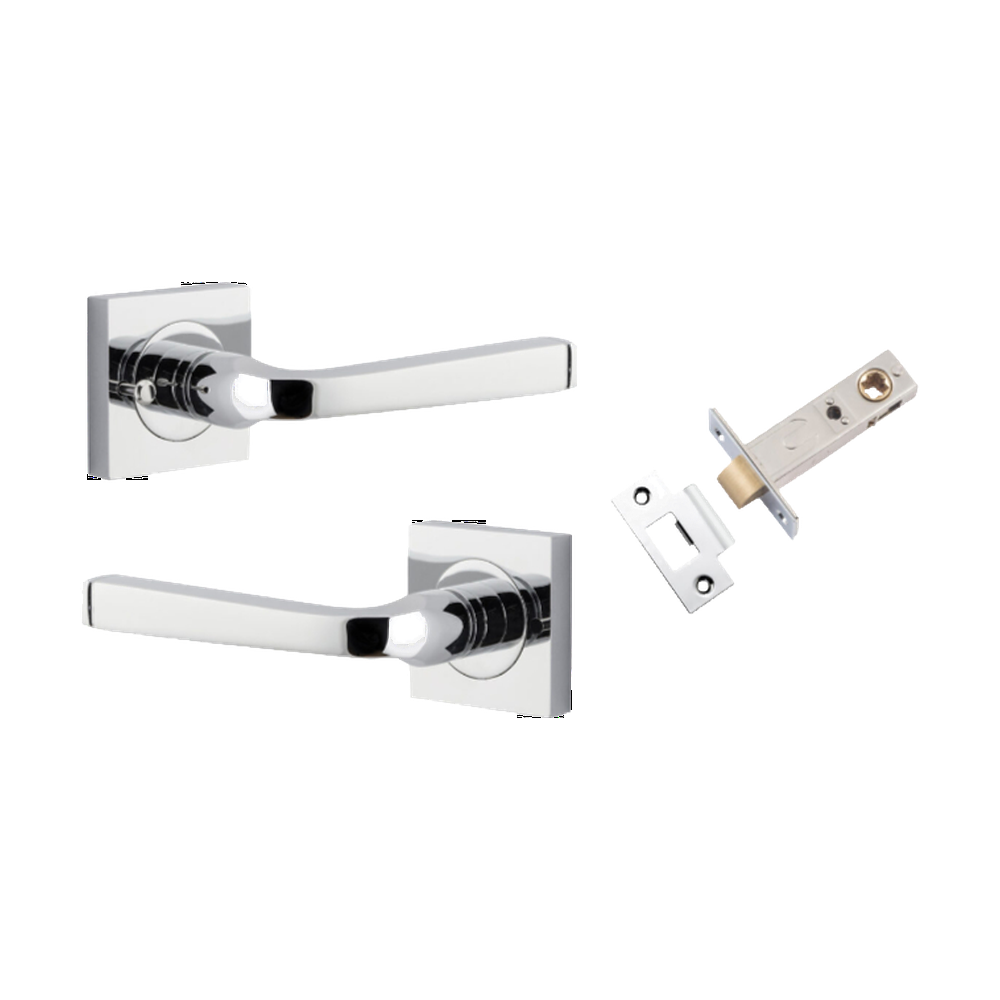 Door Lever Annecy Square Rose Inbuilt Privacy Pair Polished Chrome H52xW52xP65mm with Tube Latch Privacy with Faceplate & T Striker Backset 60mm in Polished Chrome