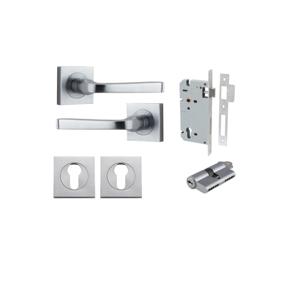 Door Lever Annecy Square Rose Pair Brushed Chrome H52xW52xP65mm Entrance Kit, Mortice Lock Euro Brushed Chrome CTC85mm Backset 60mm, Euro Cylinder Dual Function 5 Pin Brushed Chrome L65mm KA1, Escutcheon Euro Concealed Fix Square Pair Brushed Chro… in Brushed Chrome
