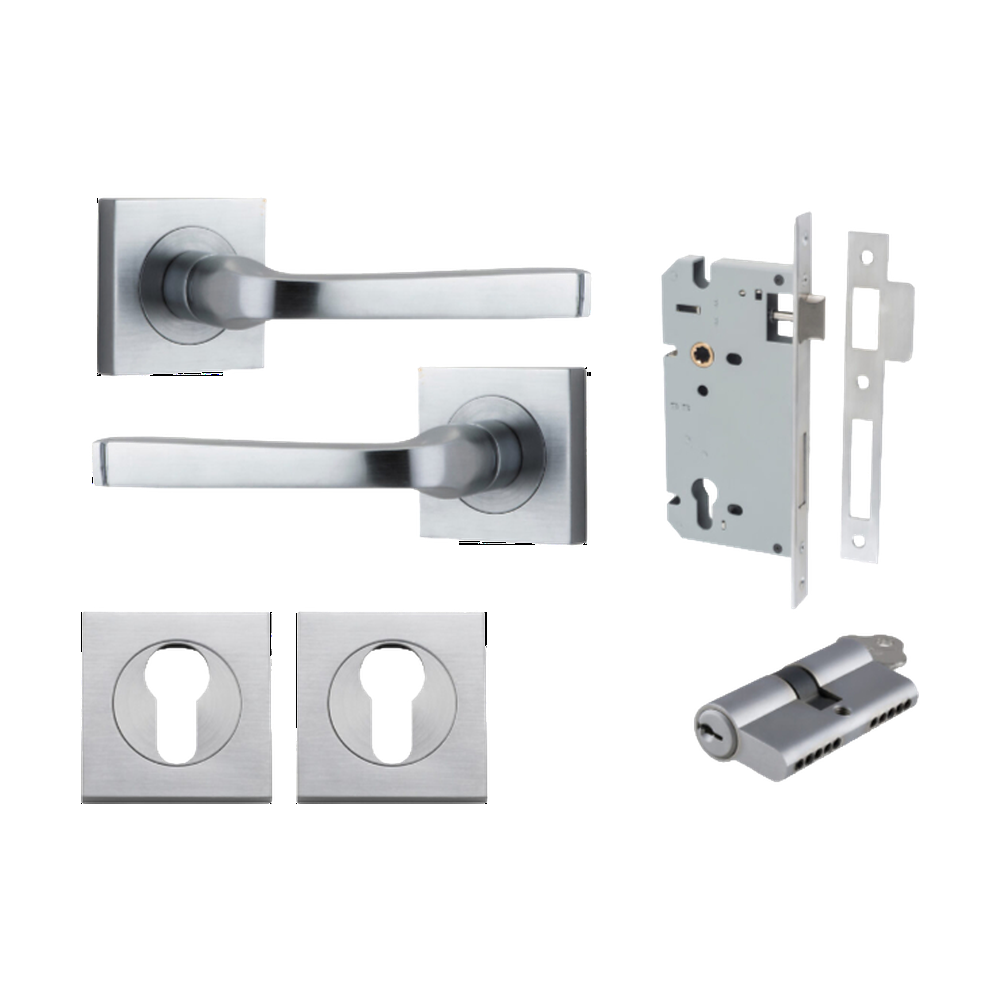 Door Lever Annecy Square Rose Pair Brushed Chrome H52xW52xP65mm Entrance Kit, Mortice Lock Euro Brushed Chrome CTC85mm Backset 60mm, Euro Cylinder Dual Function 5 Pin Brushed Chrome L65mm KA1, Escutcheon Euro Concealed Fix Square Pair Brushed Chro… in Brushed Chrome