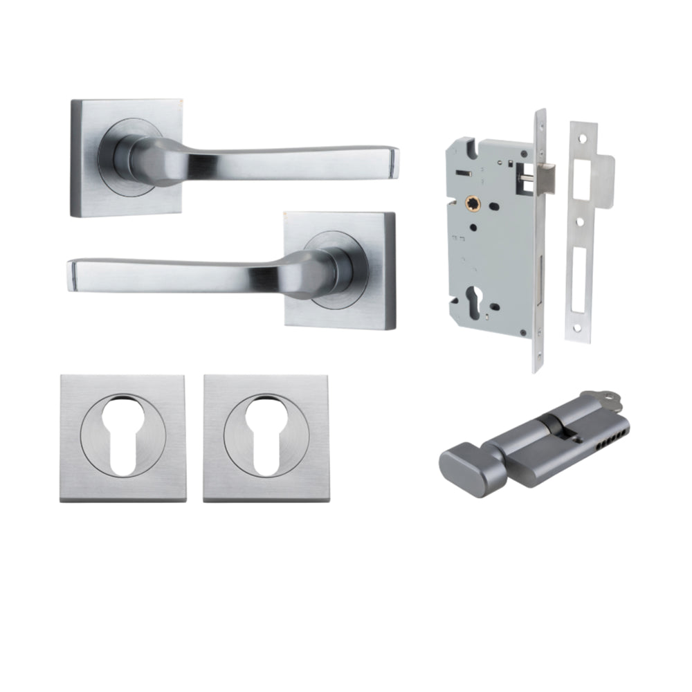 Door Lever Annecy Square Rose Pair Brushed Chrome H52xW52xP65mm Entrance Kit, Mortice Lock Euro Brushed Chrome CTC85mm Backset 60mm, Euro Cylinder Key Thumb 6 Pin Brushed Chrome L70mm KA1, Escutcheon Euro Concealed Fix Square Pair Brushed Chrome H… in Brushed Chrome