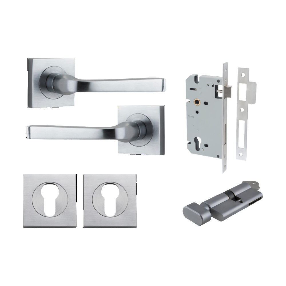 Door Lever Annecy Square Rose Pair Brushed Chrome H52xW52xP65mm Entrance Kit, Mortice Lock Euro Brushed Chrome CTC85mm Backset 60mm, Euro Cylinder Key Thumb 6 Pin Brushed Chrome L70mm KA1, Escutcheon Euro Concealed Fix Square Pair Brushed Chrome H… in Brushed Chrome