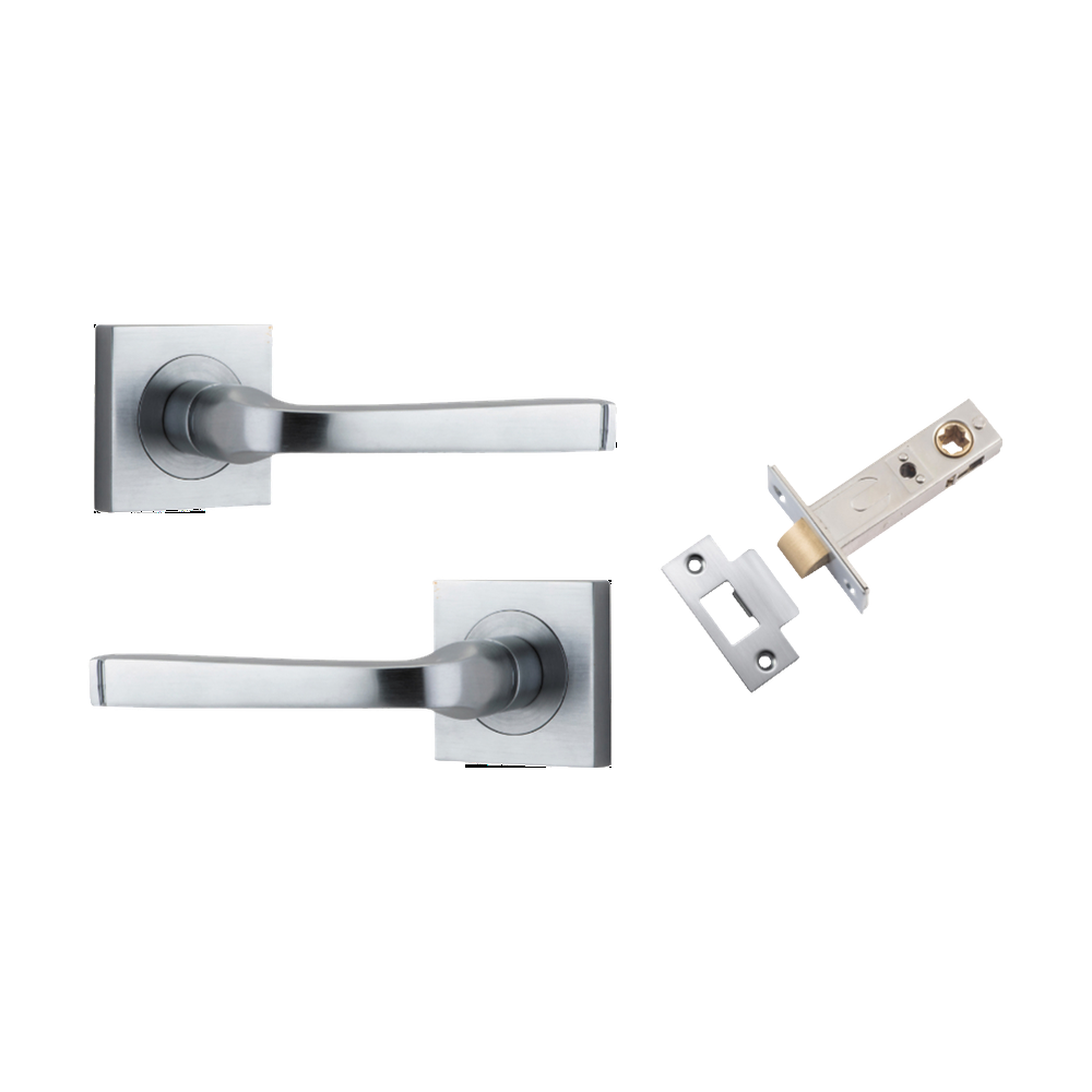 Door Lever Annecy Square Rose Pair Brushed Chrome H52xW52xP65mm Passage Kit, Tube Latch Split Cam 'T' Striker Brushed Chrome Backset 60mm in Brushed Chrome