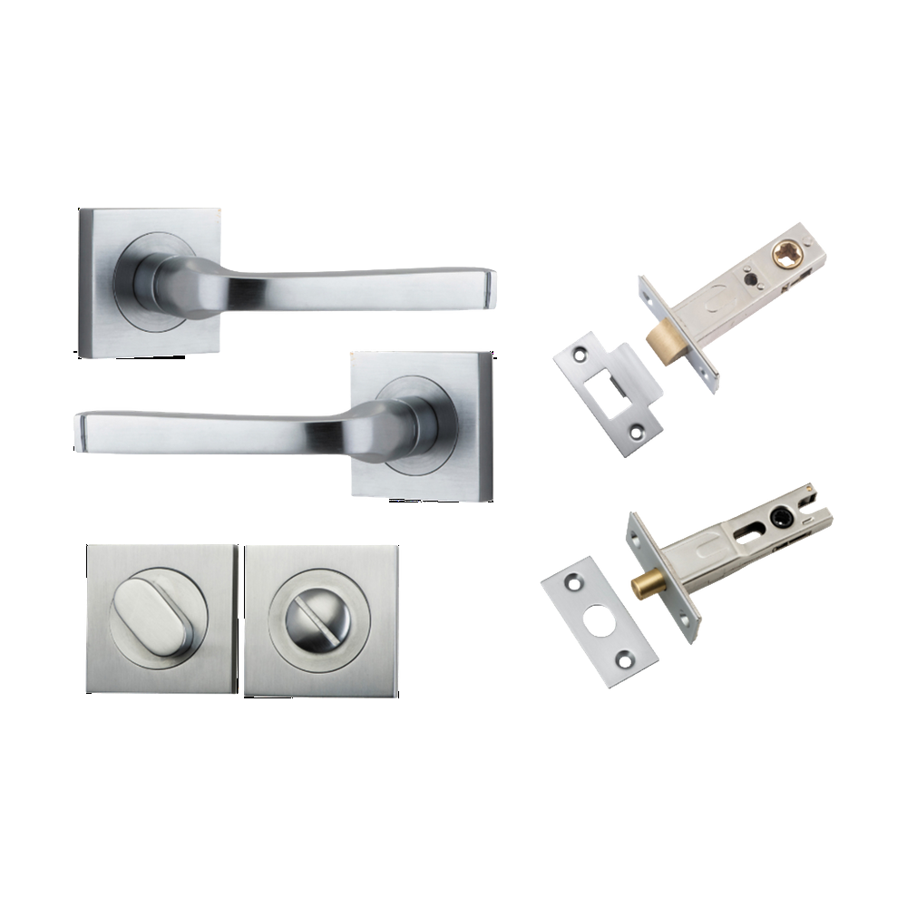 Door Lever Annecy Square Rose Pair Brushed Chrome H52xW52xP65mm Privacy Kit, Tube Latch Split Cam 'T' Striker Brushed Chrome Backset 60mm, Privacy Bolt Round Bolt Brushed Chrome Backset 60mm, Privacy Turn Oval Concealed Fix Square Brushed Chrome H… in Brushed Chrome