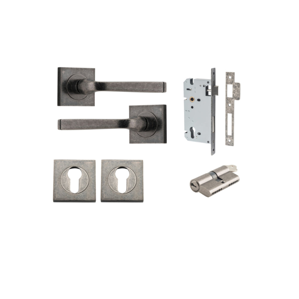 Door Lever Annecy Square Rose Pair Distressed Nickel H52xW52xP65mm Entrance Kit, Mortice Lock Euro Distressed Nickel CTC85mm Backset 60mm, Euro Cylinder Dual Function 5 Pin Distressed Nickel L65mm KA1, Escutcheon Euro Concealed Fix Square Pair Dis… in Distressed Nickel