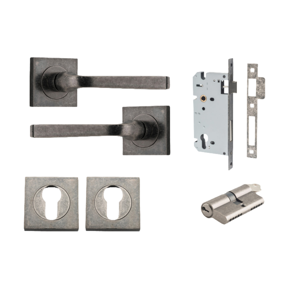 Door Lever Annecy Square Rose Pair Distressed Nickel H52xW52xP65mm Entrance Kit, Mortice Lock Euro Distressed Nickel CTC85mm Backset 60mm, Euro Cylinder Dual Function 5 Pin Distressed Nickel L65mm KA1, Escutcheon Euro Concealed Fix Square Pair Dis… in Distressed Nickel