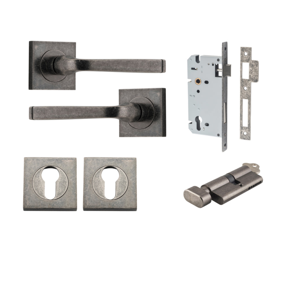 Door Lever Annecy Square Rose Pair Distressed Nickel H52xW52xP65mm Entrance Kit, Mortice Lock Euro Distressed Nickel CTC85mm Backset 60mm, Euro Cylinder Key Thumb 6 Pin Distressed Nickel L70mm KA1, Escutcheon Euro Concealed Fix Square Pair Distres… in Distressed Nickel