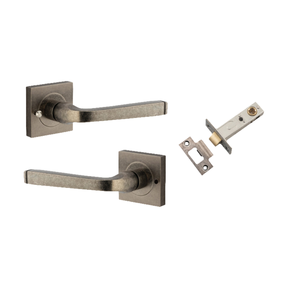 Door Lever Annecy Square Rose Inbuilt Privacy Pair Distressed Nickel H52xW52xP65mm with Tube Latch Privacy with Faceplate & T Striker Backset 60mm in Distressed Nickel