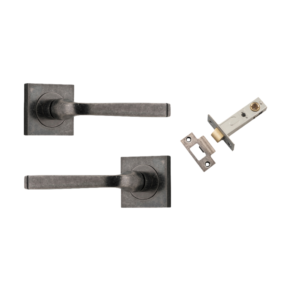 Door Lever Annecy Square Rose Pair Distressed Nickel H52xW52xP65mm Passage Kit, Tube Latch Split Cam 'T' Striker Distressed Nickel Backset 60mm in Distressed Nickel