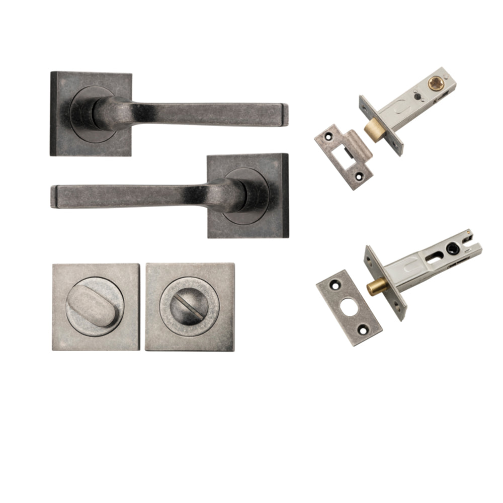 Door Lever Annecy Square Rose Pair Distressed Nickel H52xW52xP65mm Privacy Kit, Tube Latch Split Cam 'T' Striker Distressed Nickel Backset 60mm, Privacy Bolt Round Bolt Distressed Nickel Backset 60mm, Privacy Turn Oval Concealed Fix Square Distres… in Distressed Nickel