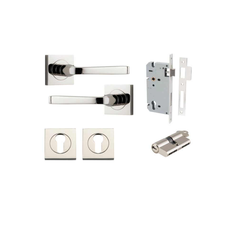 Door Lever Annecy Square Rose Pair Polished Nickel H52xW52xP65mm Entrance Kit, Mortice Lock Euro Polished Nickel CTC85mm Backset 60mm, Euro Cylinder Dual Function 5 Pin Polished Nickel L65mm KA1, Escutcheon Euro Concealed Fix Square Pair Polished … in Polished Nickel