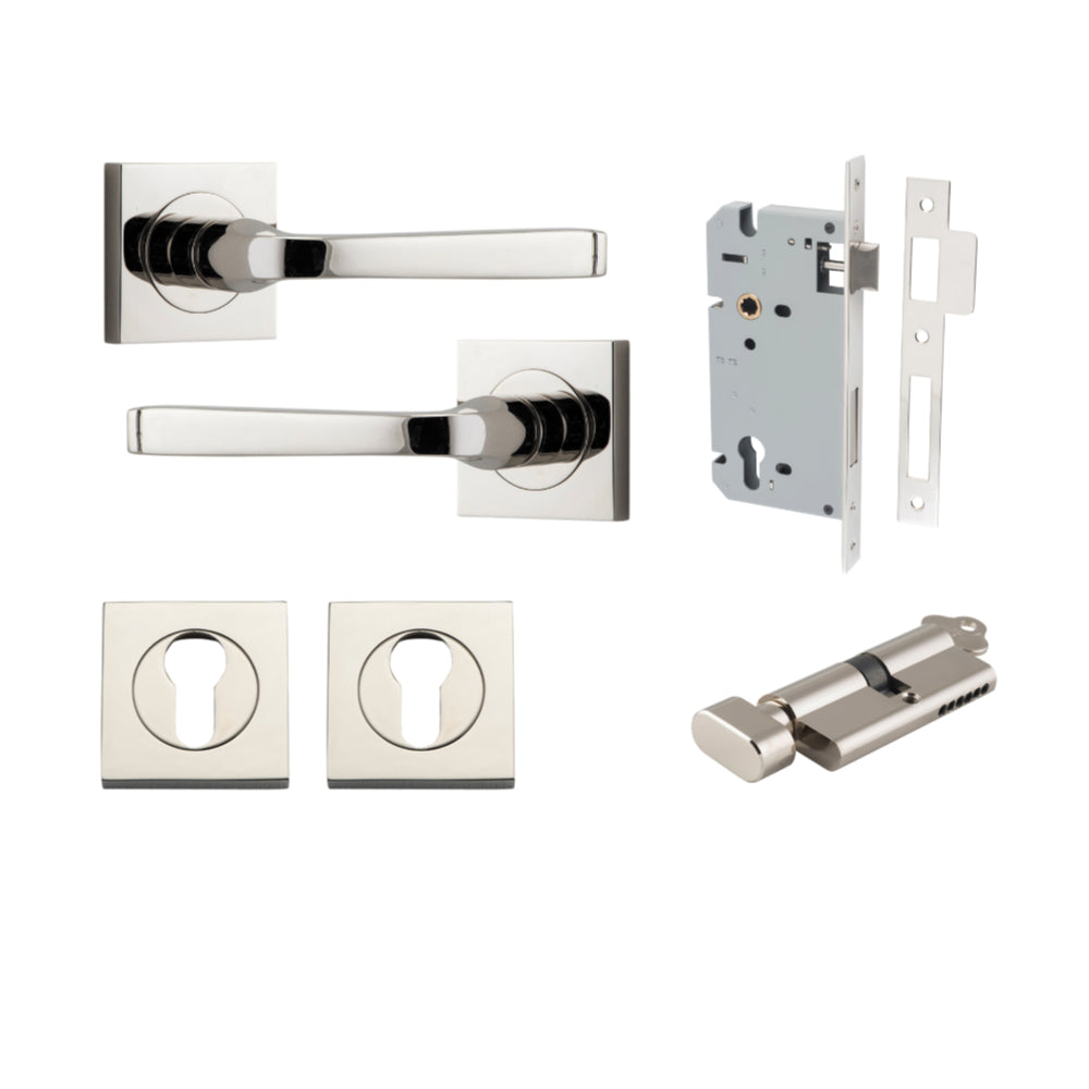 Door Lever Annecy Square Rose Pair Polished Nickel H52xW52xP65mm Entrance Kit, Mortice Lock Euro Polished Nickel CTC85mm Backset 60mm, Euro Cylinder Key Thumb 6 Pin Polished Nickel L70mm KA1, Escutcheon Euro Concealed Fix Square Pair Polished Nick… in Polished Nickel