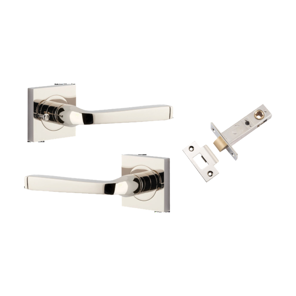 Door Lever Annecy Square Rose Inbuilt Privacy Pair Polished Nickel H52xW52xP65mm with Tube Latch Privacy with Faceplate & T Striker Backset 60mm in Polished Nickel