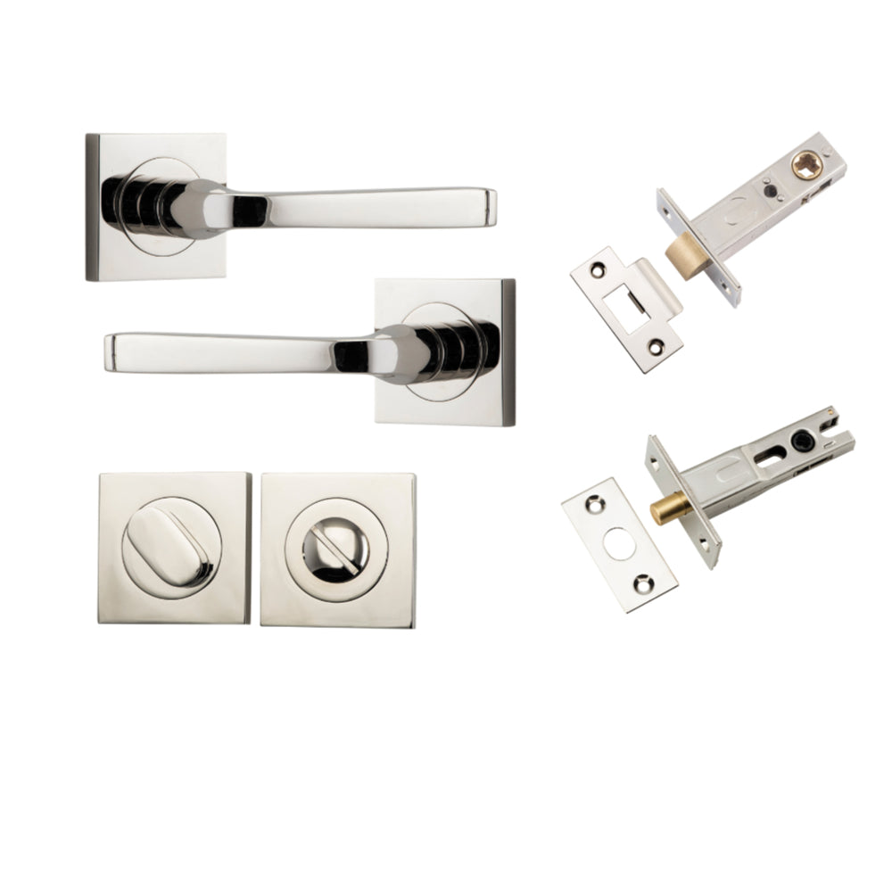 Door Lever Annecy Square Rose Pair Polished Nickel H52xW52xP65mm Privacy Kit, Tube Latch Split Cam 'T' Striker Polished Nickel Backset 60mm, Privacy Bolt Round Bolt Polished Nickel Backset 60mm, Privacy Turn Oval Concealed Fix Square Polished Nick… in Polished Nickel