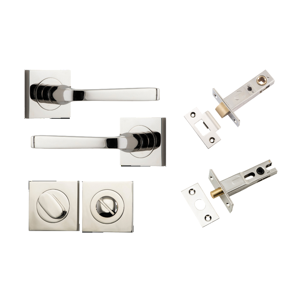 Door Lever Annecy Square Rose Pair Polished Nickel H52xW52xP65mm Privacy Kit, Tube Latch Split Cam 'T' Striker Polished Nickel Backset 60mm, Privacy Bolt Round Bolt Polished Nickel Backset 60mm, Privacy Turn Oval Concealed Fix Square Polished Nick… in Polished Nickel