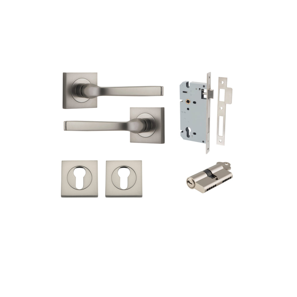 Door Lever Annecy Square Rose Pair Satin Nickel H52xW52xP65mm Entrance Kit, Mortice Lock Euro Satin Nickel CTC85mm Backset 60mm, Euro Cylinder Dual Function 5 Pin Satin Nickel L65mm KA1, Escutcheon Euro Concealed Fix Square Pair Satin Nickel H52xW… in Satin Nickel