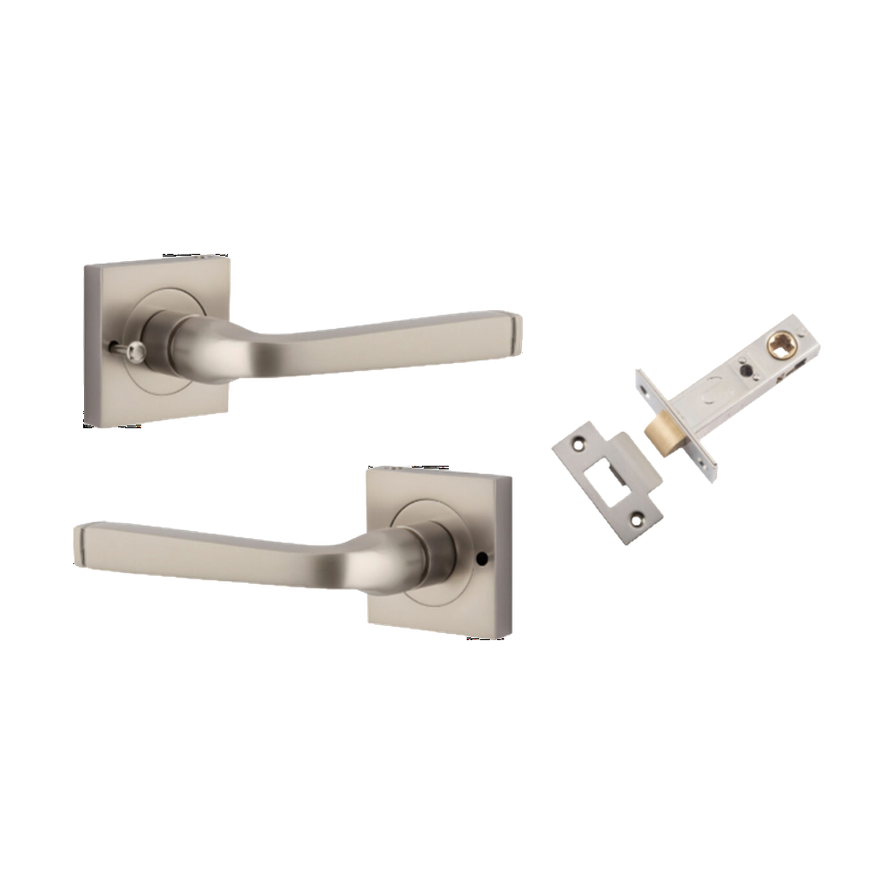 Door Lever Annecy Square Rose Inbuilt Privacy Pair Satin Nickel H52xW52xP65mm with Tube Latch Privacy with Faceplate & T Striker Backset 60mm in Satin Nickel
