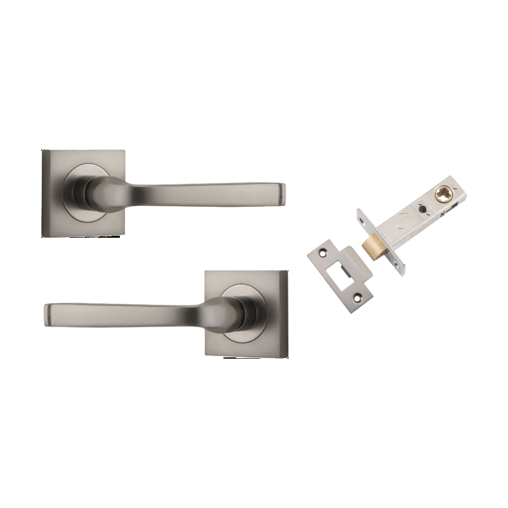 Door Lever Annecy Square Rose Pair Satin Nickel H52xW52xP65mm Passage Kit, Tube Latch Split Cam 'T' Striker Satin Nickel Backset 60mm in Satin Nickel