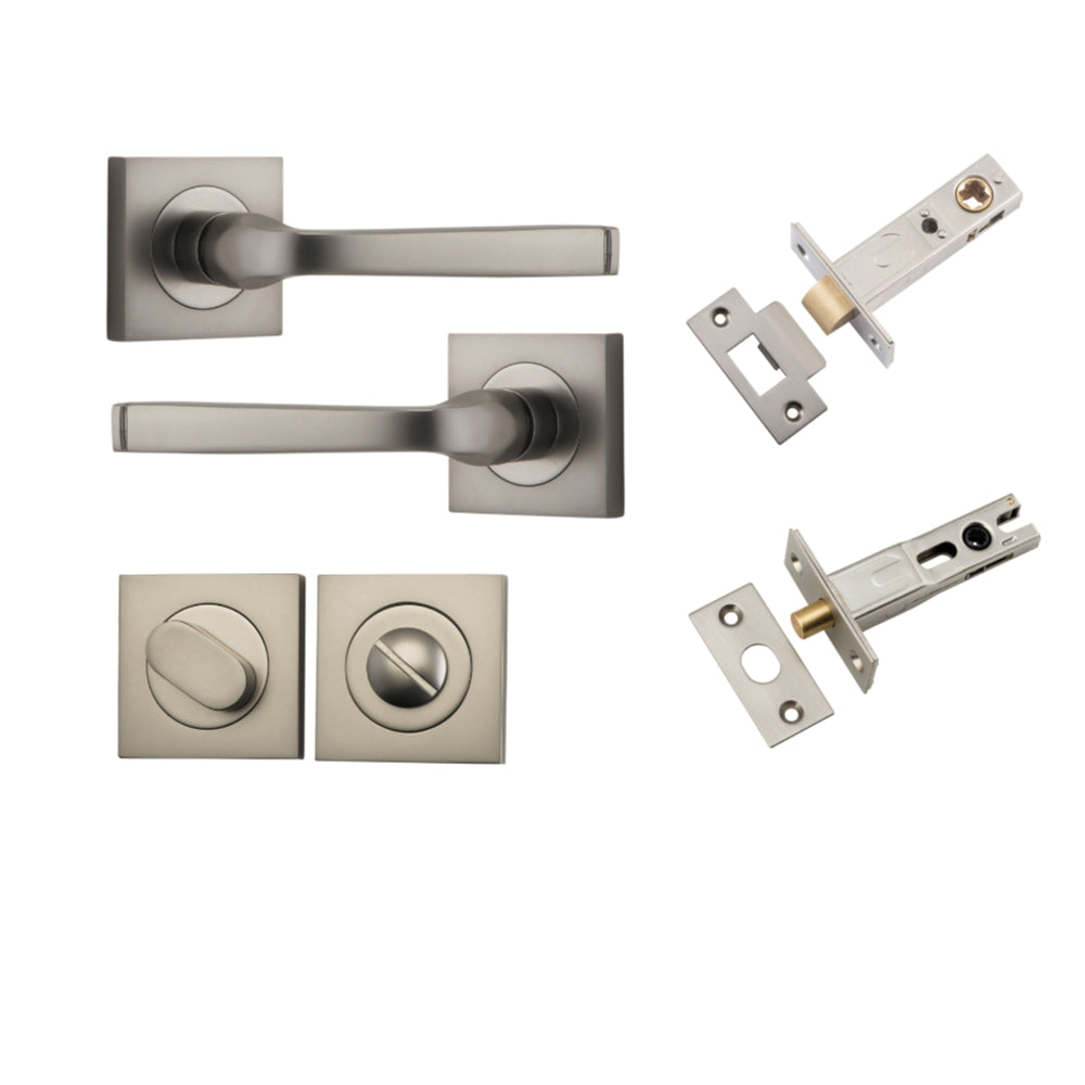 Door Lever Annecy Square Rose Pair Satin Nickel H52xW52xP65mm Privacy Kit, Tube Latch Split Cam 'T' Striker Satin Nickel Backset 60mm, Privacy Bolt Round Bolt Satin Nickel Backset 60mm, Privacy Turn Oval Concealed Fix Square Satin Nickel H52xW52xP… in Satin Nickel