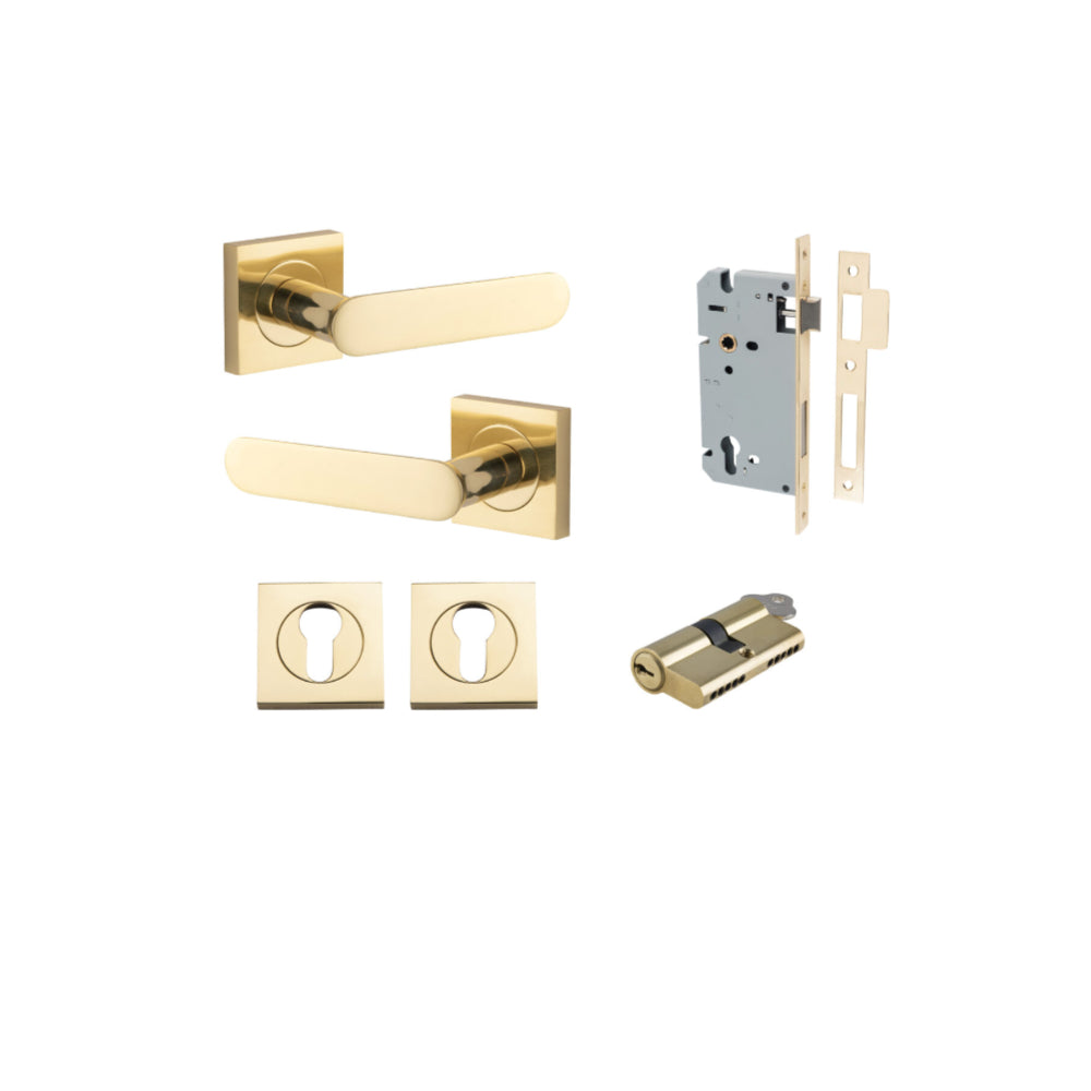 Door Lever Bronte Rose Square Pair Polished Brass L117xP56mm BPH52xW52mm, Mortice Lock Euro Polished Brass CTC85mm Backset 60mm, Euro Cylinder Dual Function 5 Pin Polished Brass 65mm KA4, Escutcheon Euro Concealed Fix Square Pair H52xW52xP10mm in Polished Brass