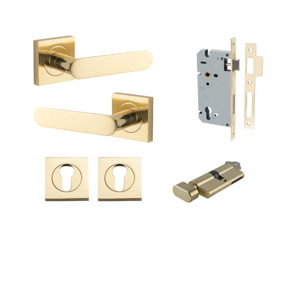 Door Lever Bronte Rose Square Pair Polished Brass L117xP56mm BPH52xW52mm, Mortice Lock Euro Polished Brass CTC85mm Backset 60mm, Euro Cylinder Key Thumb 5 Pin Polished Brass 65mm KA4, Escutcheon Euro Concealed Fix Square Pair H52xW52xP10mm in Polished Brass
