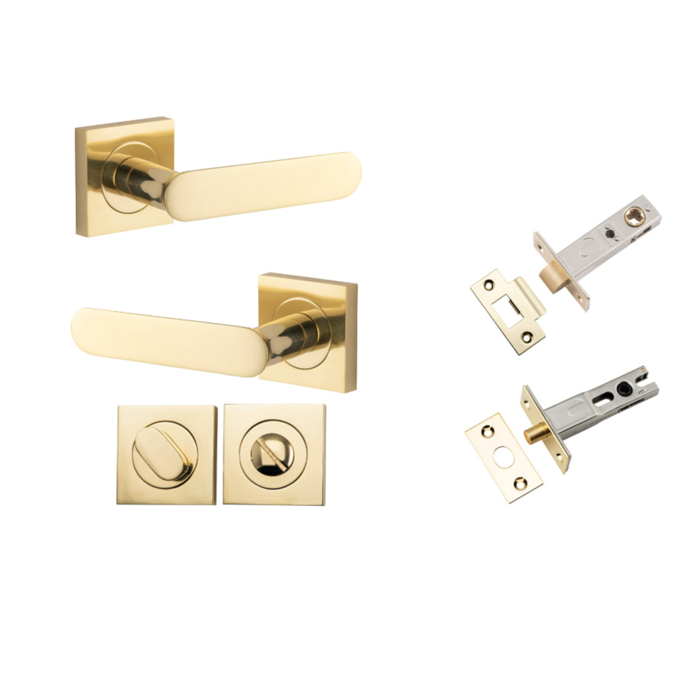 Door Lever Bronte Rose Square Polished Brass L117xP56mm BPH52xW52mm Privacy Kit, Tube Latch Split Cam 'T' Striker Polished Brass Backset 60mm, Privacy Bolt Round Bolt Polished Brass Backset 60mm, Privacy Turn Oval Concealed Fix Square H52xW52xP23mm in Polished Brass