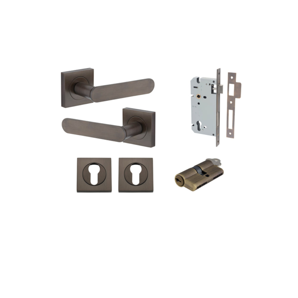 Door Lever Bronte Rose Square Pair Signature Brass L117xP56mm BPH52xW52mm, Mortice Lock Euro Signature Brass CTC85mm Backset 60mm, Euro Cylinder Dual Function 5 Pin Signature Brass 65mm KA4, Escutcheon Euro Concealed Fix Square Pair H52xW52xP10mm in Signature Brass