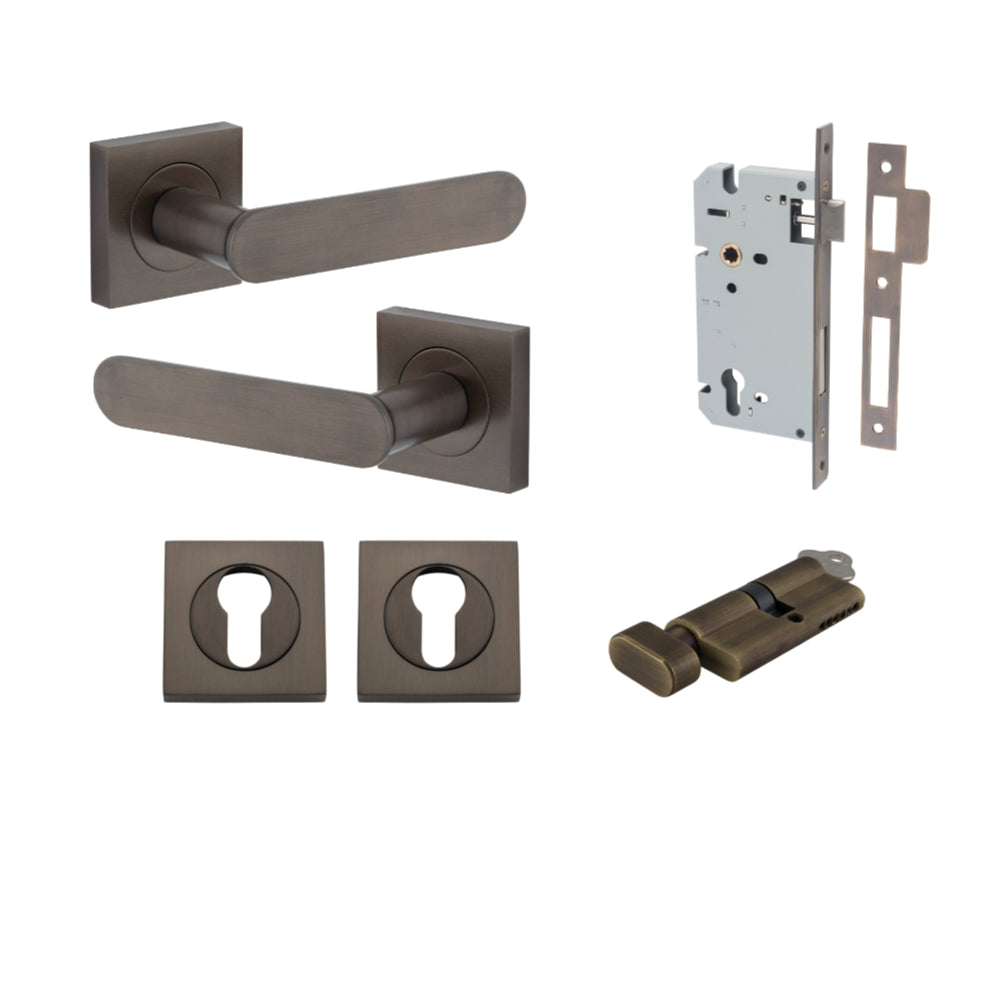 Door Lever Bronte Rose Square Pair Signature Brass L117xP56mm BPH52xW52mm, Mortice Lock Euro Signature Brass CTC85mm Backset 60mm, Euro Cylinder Key Thumb 5 Pin Signature Brass 65mm KA4, Escutcheon Euro Concealed Fix Square Pair H52xW52xP10mm in Signature Brass