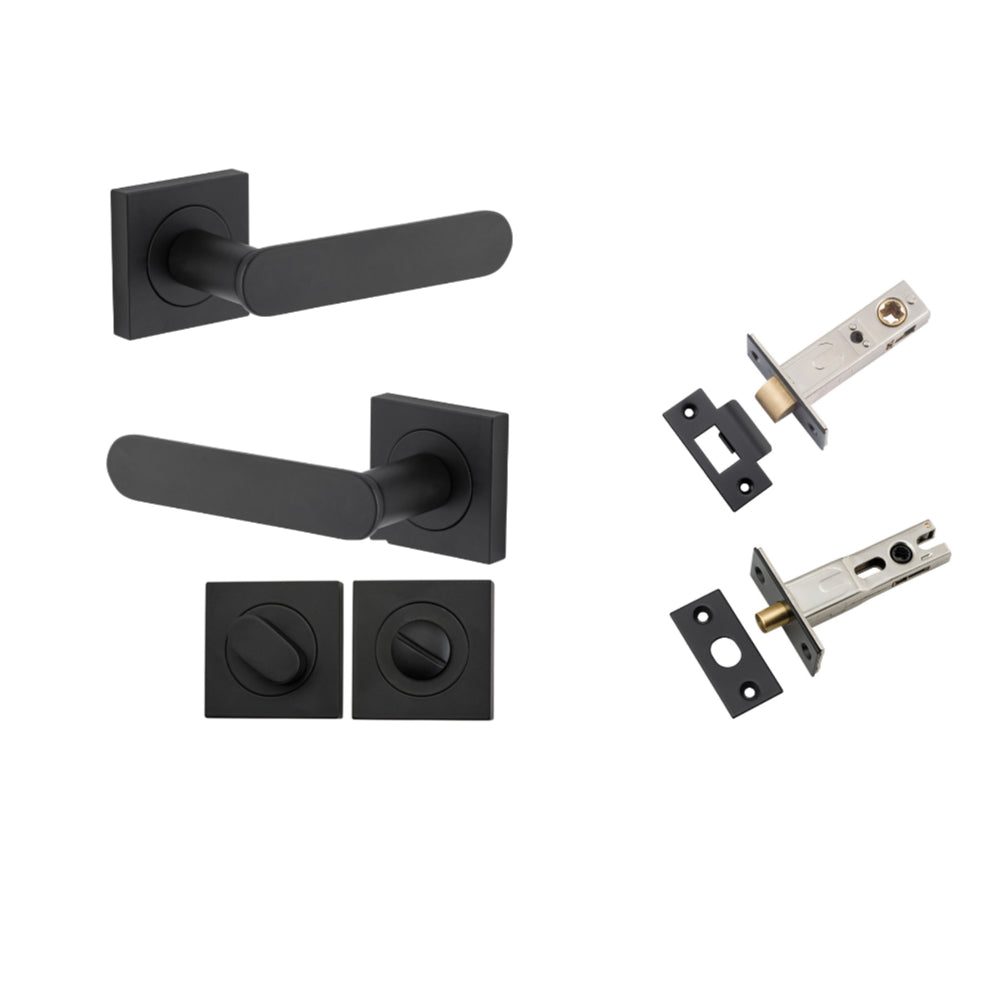 Door Lever Bronte Rose Square Matt Black L117xP56mm BPH52xW52mm Privacy Kit, Tube Latch Split Cam 'T' Striker Matt Black Backset 60mm, Privacy Bolt Round Bolt Matt Black Backset 60mm, Privacy Turn Oval Concealed Fix Square Matt Black H52xW52xP23mm in Matt Black
