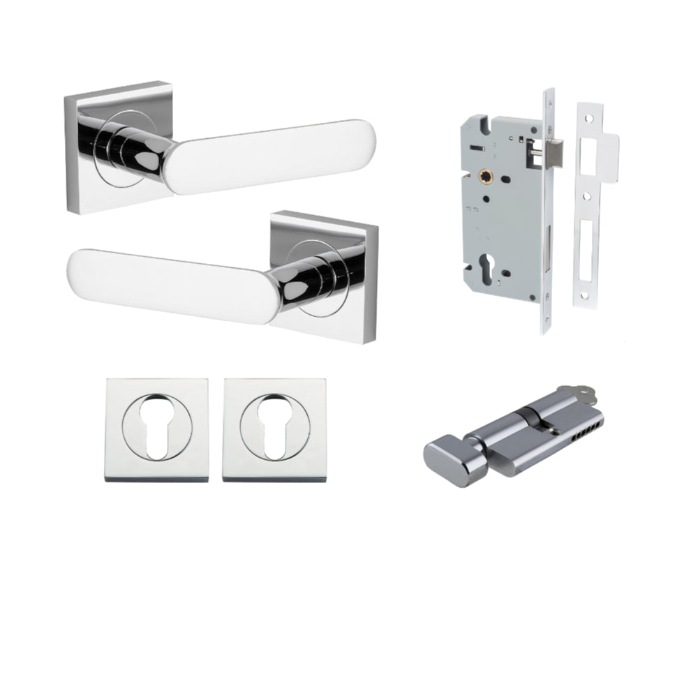 Door Lever Bronte Rose Square Pair Polished Chrome L117xP56mm BPH52xW52mm, Mortice Lock Euro Polished Chrome CTC85mm Backset 60mm, Euro Cylinder Key Thumb 5 Pin Polished Chrome 65mm KA4, Escutcheon Euro Concealed Fix Square Pair H52xW52xP10mm in Polished Chrome