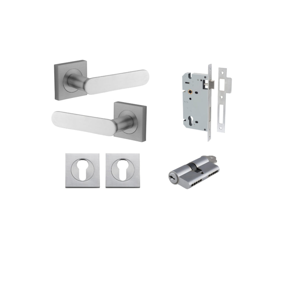 Door Lever Bronte Rose Square Pair Brushed Chrome L117xP56mm BPH52xW52mm, Mortice Lock Euro Brushed Chrome CTC85mm Backset 60mm, Euro Cylinder Dual Function 5 Pin Brushed Chrome 65mm KA4, Escutcheon Euro Concealed Fix Square Pair H52xW52xP10mm in Brushed Chrome