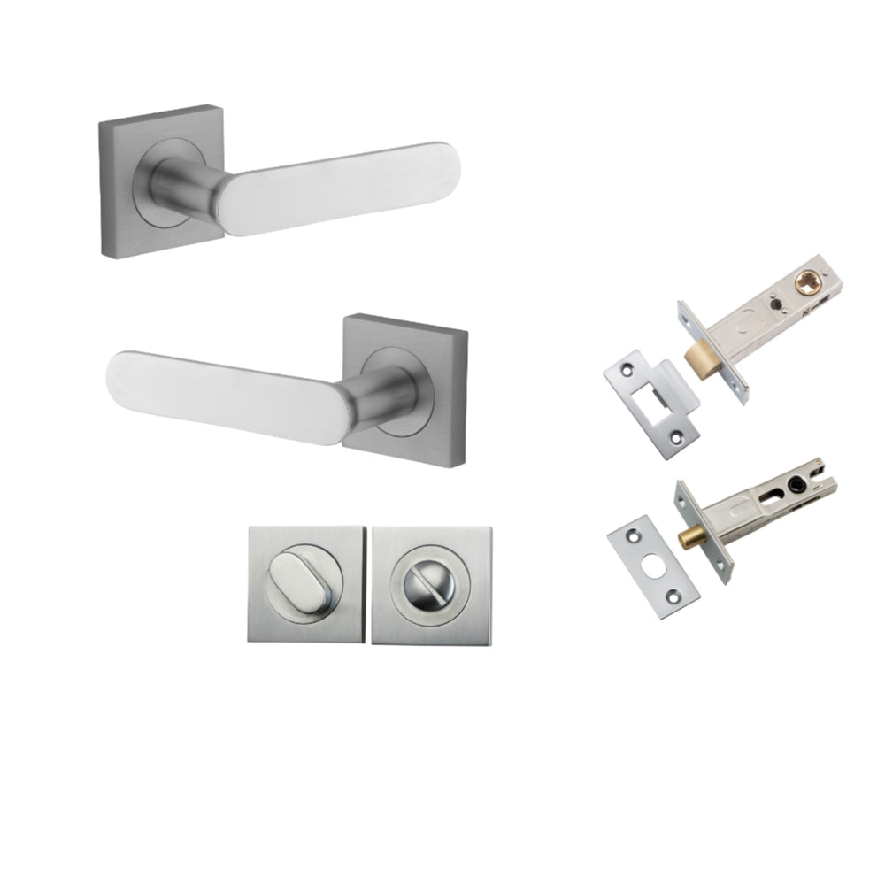 Door Lever Bronte Rose Square Brushed Chrome L117xP56mm BPH52xW52mm Privacy Kit, Tube Latch Split Cam 'T' Striker Brushed Chrome Backset 60mm, Privacy Bolt Round Bolt Brushed Chrome Backset 60mm, Privacy Turn Oval Concealed Fix Square H52xW52xP23mm in Brushed Chrome