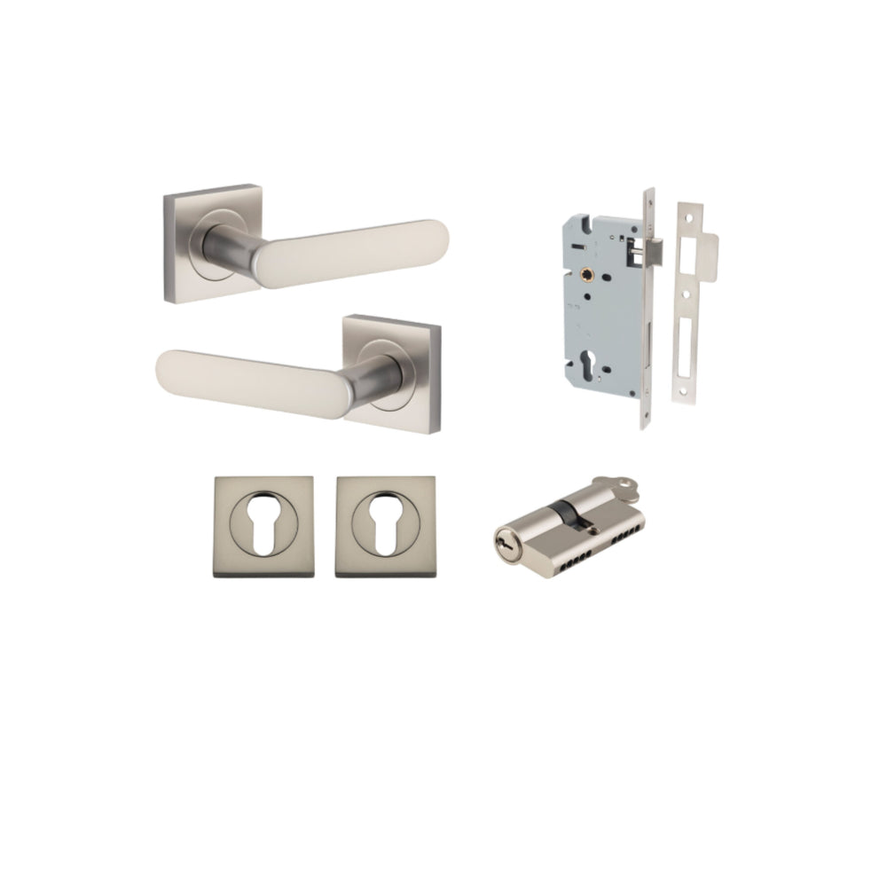 Door Lever Bronte Rose Square Pair Satin Nickel L117xP56mm BPH52xW52mm, Mortice Lock Euro Satin Nickel CTC85mm Backset 60mm, Euro Cylinder Dual Function 5 Pin Satin Nickel 65mm KA4, Escutcheon Euro Concealed Fix Square Pair Satin Nickel H52xW52xP10mm in Satin Nickel