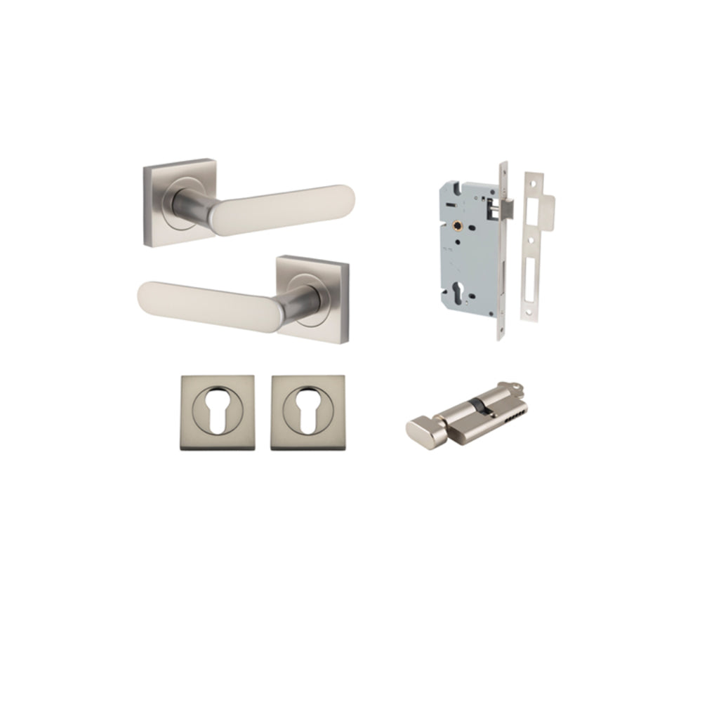 Door Lever Bronte Rose Square Pair Satin Nickel L117xP56mm BPH52xW52mm, Mortice Lock Euro Satin Nickel CTC85mm Backset 60mm, Euro Cylinder Key Thumb 5 Pin Satin Nickel 65mm KA4, Escutcheon Euro Concealed Fix Square Pair Satin Nickel H52xW52xP10mm in Satin Nickel
