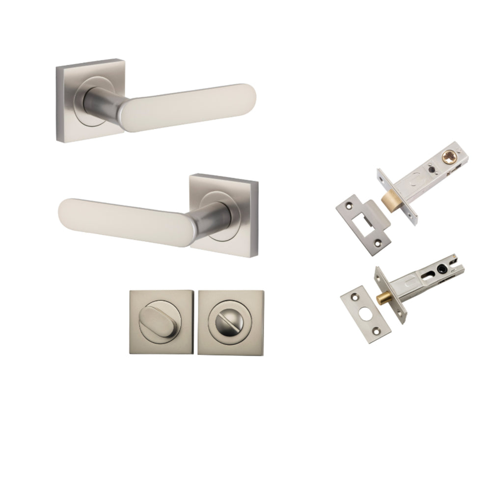 Door Lever Bronte Rose Square Satin Nickel L117xP56mm BPH52xW52mm Privacy Kit, Tube Latch Split Cam 'T' Striker Satin Nickel Backset 60mm, Privacy Bolt Round Bolt Satin Nickel Backset 60mm, Privacy Turn Oval Concealed Fix Square H52xW52xP23mm in Satin Nickel