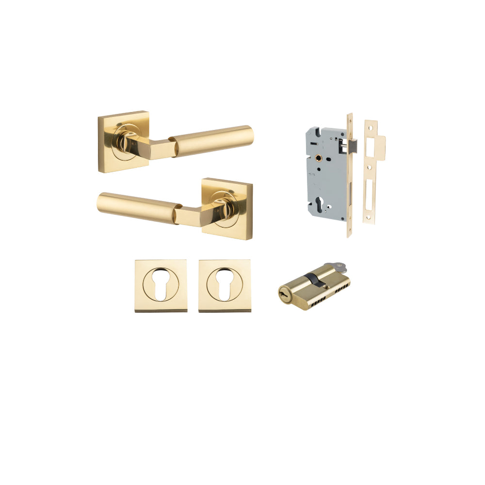 Door Lever Berlin Rose Square Pair Polished Brass L120xP60mm BPH52xW52mm, Mortice Lock Euro Polished Brass CTC85mm Backset 60mm, Euro Cylinder Dual Function 5 Pin Polished Brass 65mm KA4, Escutcheon Euro Concealed Fix Square Pair H52xW52xP10mm in Polished Brass