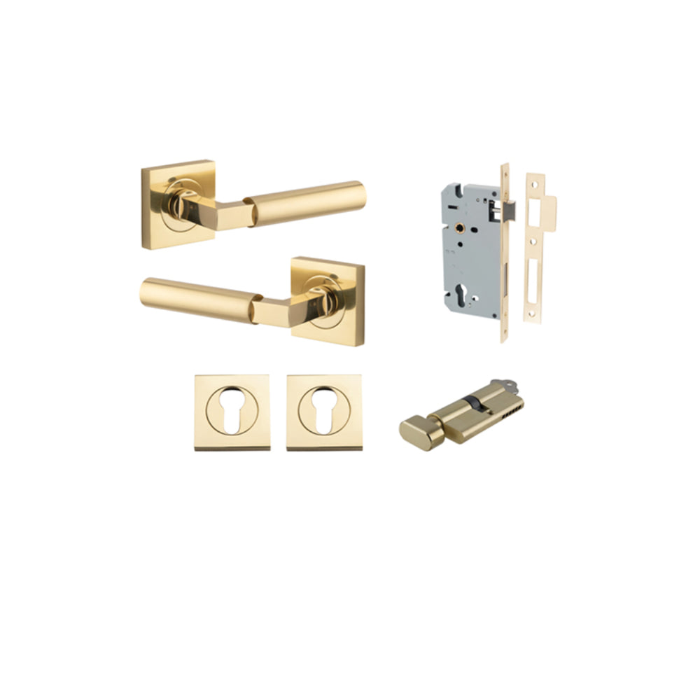 Door Lever Berlin Rose Square Pair Polished Brass L120xP60mm BPH52xW52mm, Mortice Lock Euro Polished Brass CTC85mm Backset 60mm, Euro Cylinder Key Thumb 5 Pin Polished Brass 65mm KA4, Escutcheon Euro Concealed Fix Square Pair H52xW52xP10mm in Polished Brass