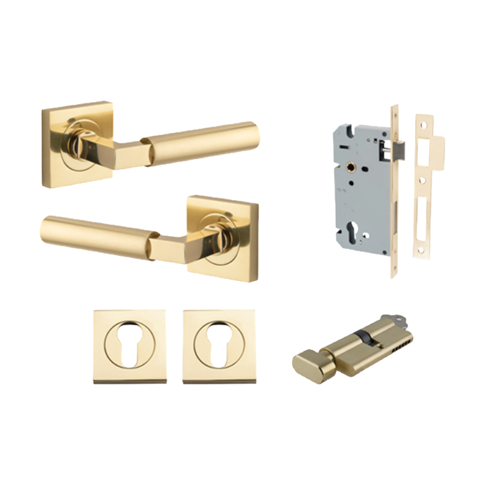 Door Lever Berlin Rose Square Pair Polished Brass L120xP60mm BPH52xW52mm, Mortice Lock Euro Polished Brass CTC85mm Backset 60mm, Euro Cylinder Key Thumb 5 Pin Polished Brass 65mm KA4, Escutcheon Euro Concealed Fix Square Pair H52xW52xP10mm in Polished Brass