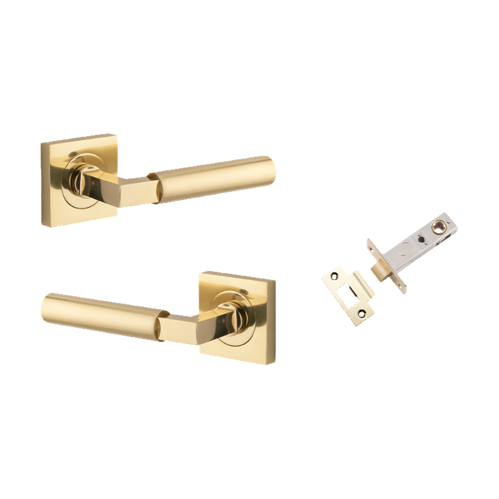 Door Lever Berlin Rose Square Polished Brass L120xP60mm BPH52xW52mm Passage Kit, Tube Latch Split Cam 'T' Striker Polished Brass Backset 60mm in Polished Brass