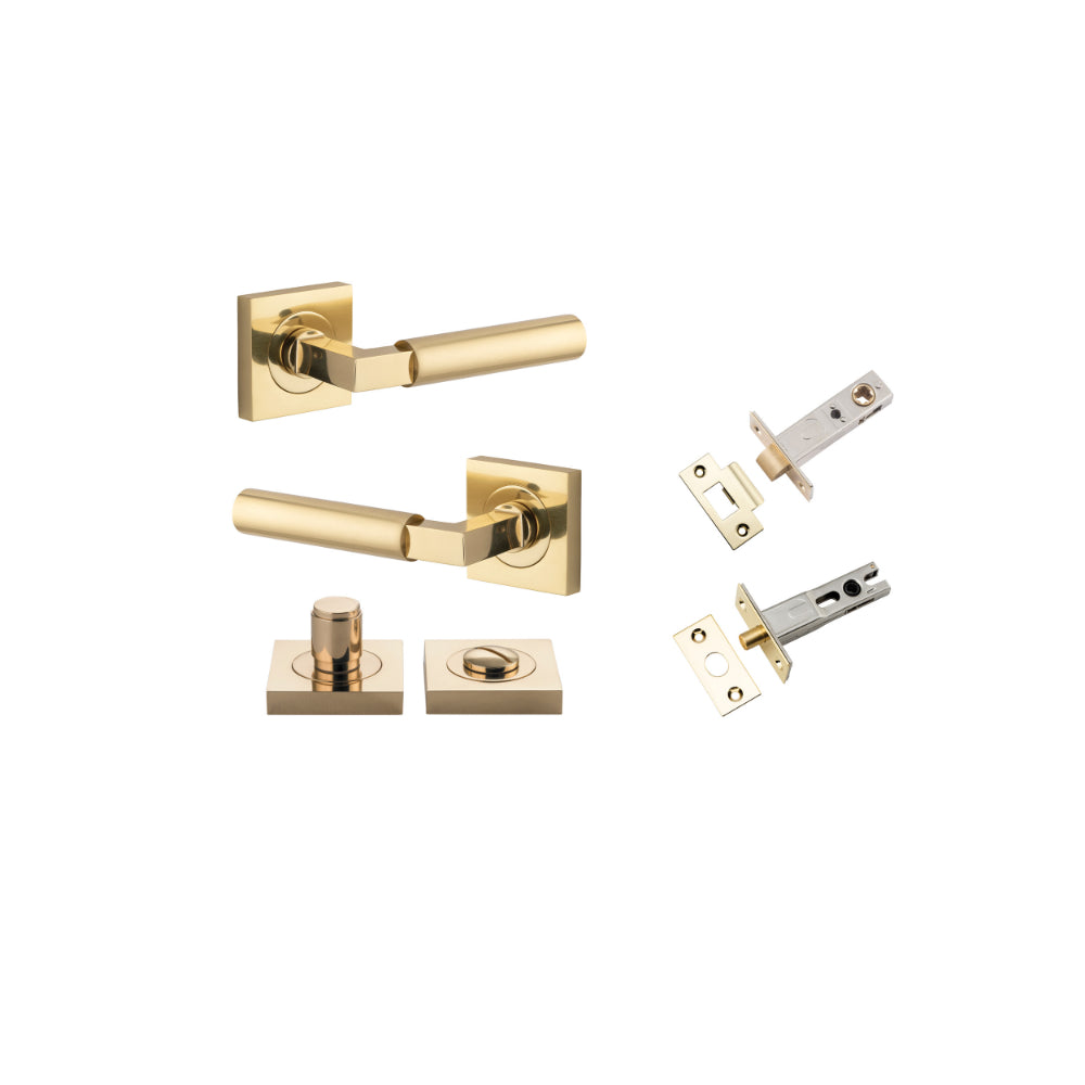 Door Lever Berlin Rose Square Polished Brass L120xP60mm BPH52xW52mm Privacy Kit, Tube Latch Split Cam 'T' Striker Polished Brass Backset 60mm, Privacy Bolt Round Bolt Polished Brass Backset 60mm, Privacy Turn Berlin Concealed Fix Square D52xP35mm in Polished Brass