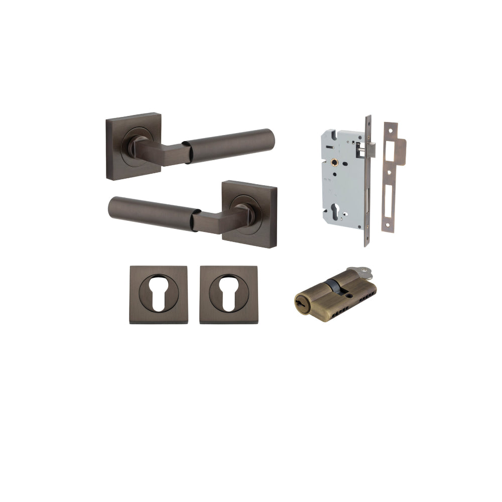 Door Lever Berlin Rose Square Pair Signature Brass L120xP60mm BPH52xW52mm, Mortice Lock Euro Signature Brass CTC85mm Backset 60mm, Euro Cylinder Dual Function 5 Pin Signature Brass 65mm KA4, Escutcheon Euro Concealed Fix Square Pair H52xW52xP10mm in Signature Brass