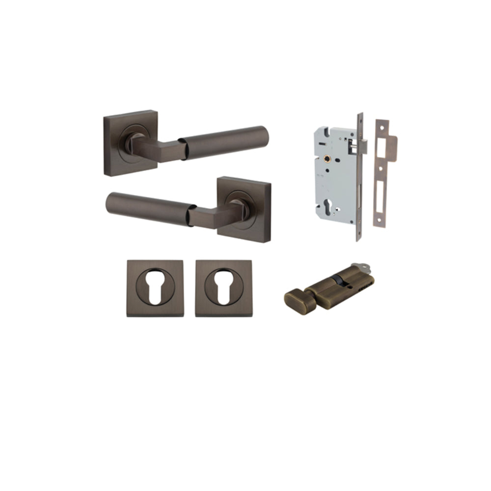 Door Lever Berlin Rose Square Pair Signature Brass L120xP60mm BPH52xW52mm, Mortice Lock Euro Signature Brass CTC85mm Backset 60mm, Euro Cylinder Key Thumb 5 Pin Signature Brass 65mm KA4, Escutcheon Euro Concealed Fix Square Pair H52xW52xP10mm in Signature Brass