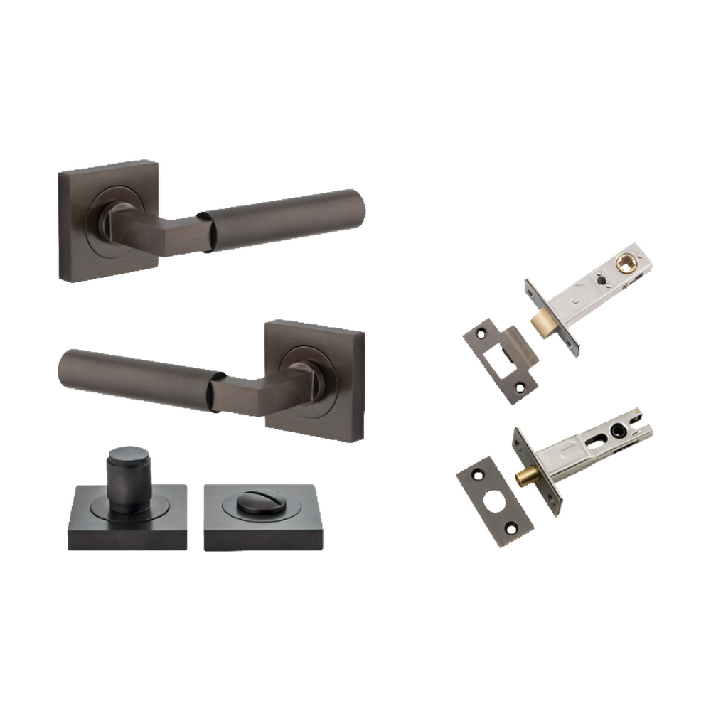 Door Lever Berlin Rose Square Signature Brass L120xP60mm BPH52xW52mm Privacy Kit, Tube Latch Split Cam 'T' Striker Signature Brass Backset 60mm, Privacy Bolt Round Bolt Signature Brass Backset 60mm, Privacy Turn Berlin Concealed Fix Square D52xP35mm in Signature Brass
