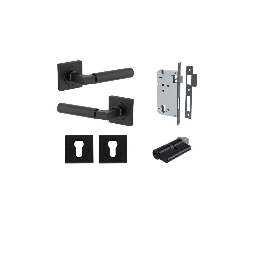 Door Lever Berlin Rose Square Pair Matt Black L120xP60mm BPH52xW52mm, Mortice Lock Euro Matt Black CTC85mm Backset 60mm, Euro Cylinder Dual Function 5 Pin Matt Black 65mm KA4, Escutcheon Euro Concealed Fix Square Pair Matt Black H52xW52xP10mm in Matt Black