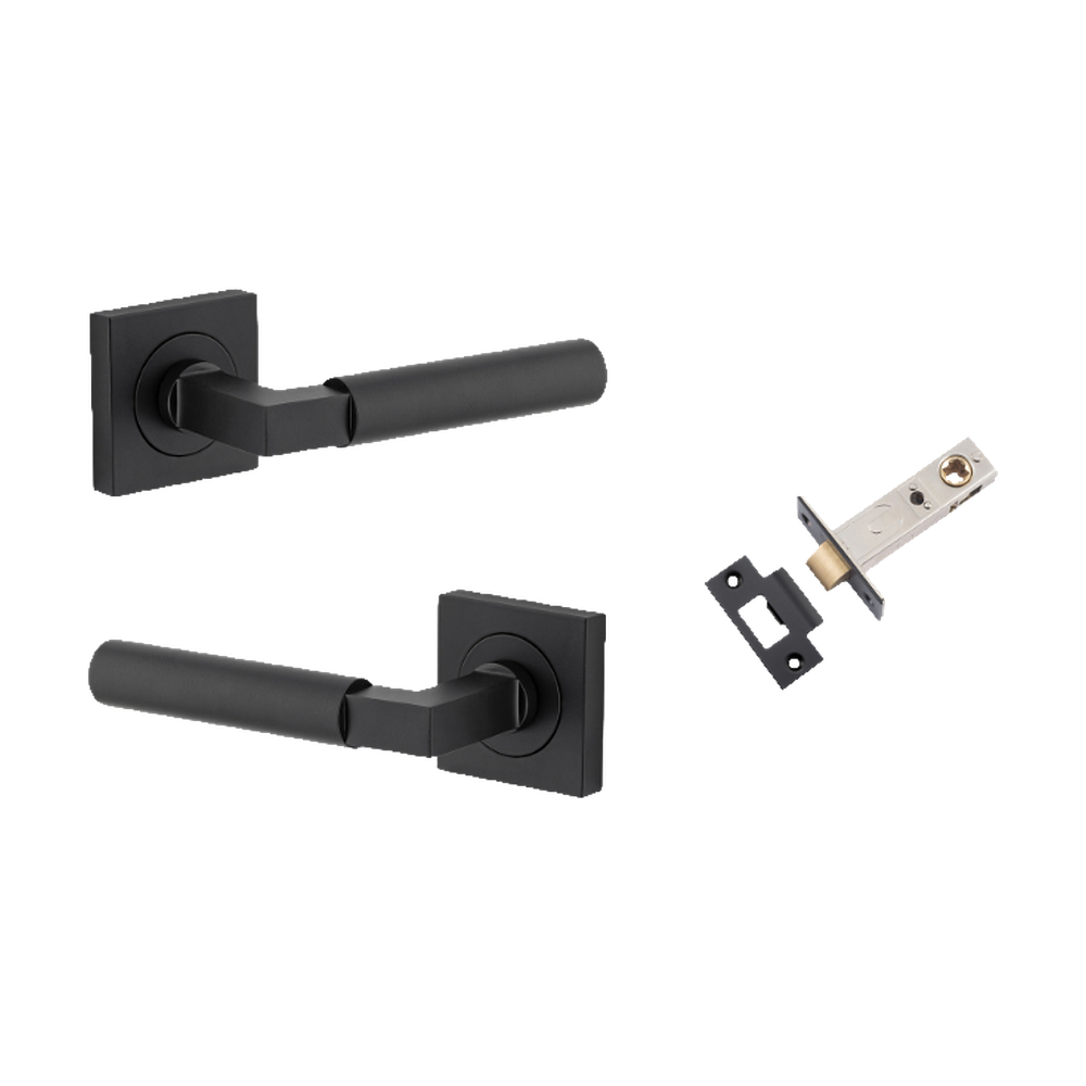 Door Lever Berlin Rose Square Matt Black L120xP60mm BPH52xW52mm Passage Kit, Tube Latch Split Cam 'T' Striker Matt Black Backset 60mm in Matt Black