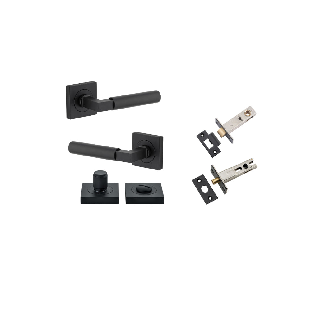 Door Lever Berlin Rose Square Matt Black L120xP60mm BPH52xW52mm Privacy Kit, Tube Latch Split Cam 'T' Striker Matt Black Backset 60mm, Privacy Bolt Round Bolt Matt Black Backset 60mm, Privacy Turn Berlin Concealed Fix Square Matt Black D52xP35mm in Matt Black
