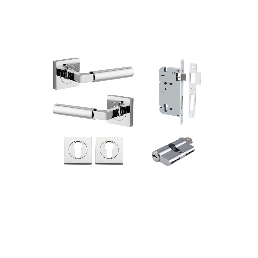 Door Lever Berlin Rose Square Pair Polished Chrome L120xP60mm BPH52xW52mm, Mortice Lock Euro Polished Chrome CTC85mm Backset 60mm, Euro Cylinder Dual Function 5 Pin Polished Chrome 65mm KA4, Escutcheon Euro Concealed Fix Square Pair H52xW52xP10mm in Polished Chrome