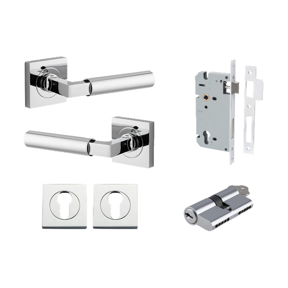 Door Lever Berlin Rose Square Pair Polished Chrome L120xP60mm BPH52xW52mm, Mortice Lock Euro Polished Chrome CTC85mm Backset 60mm, Euro Cylinder Dual Function 5 Pin Polished Chrome 65mm KA4, Escutcheon Euro Concealed Fix Square Pair H52xW52xP10mm in Polished Chrome