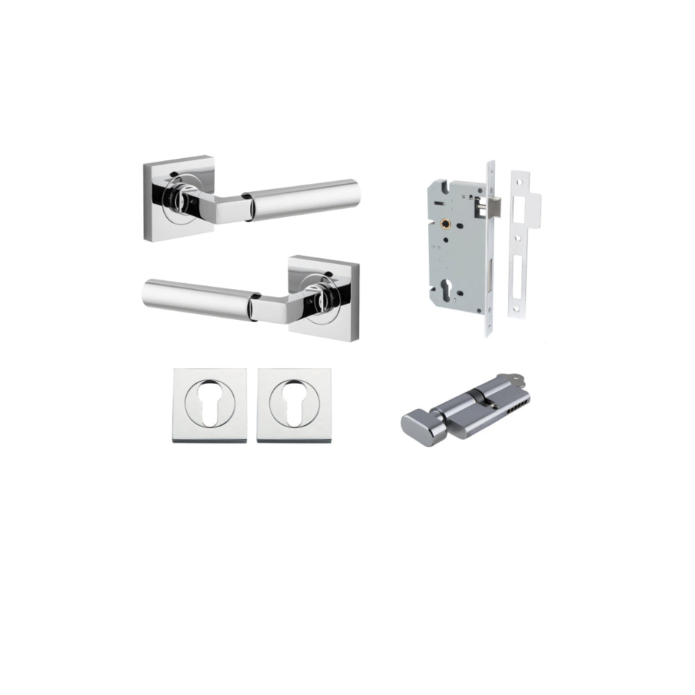Door Lever Berlin Rose Square Pair Polished Chrome L120xP60mm BPH52xW52mm, Mortice Lock Euro Polished Chrome CTC85mm Backset 60mm, Euro Cylinder Key Thumb 5 Pin Polished Chrome 65mm KA4, Escutcheon Euro Concealed Fix Square Pair H52xW52xP10mm in Polished Chrome