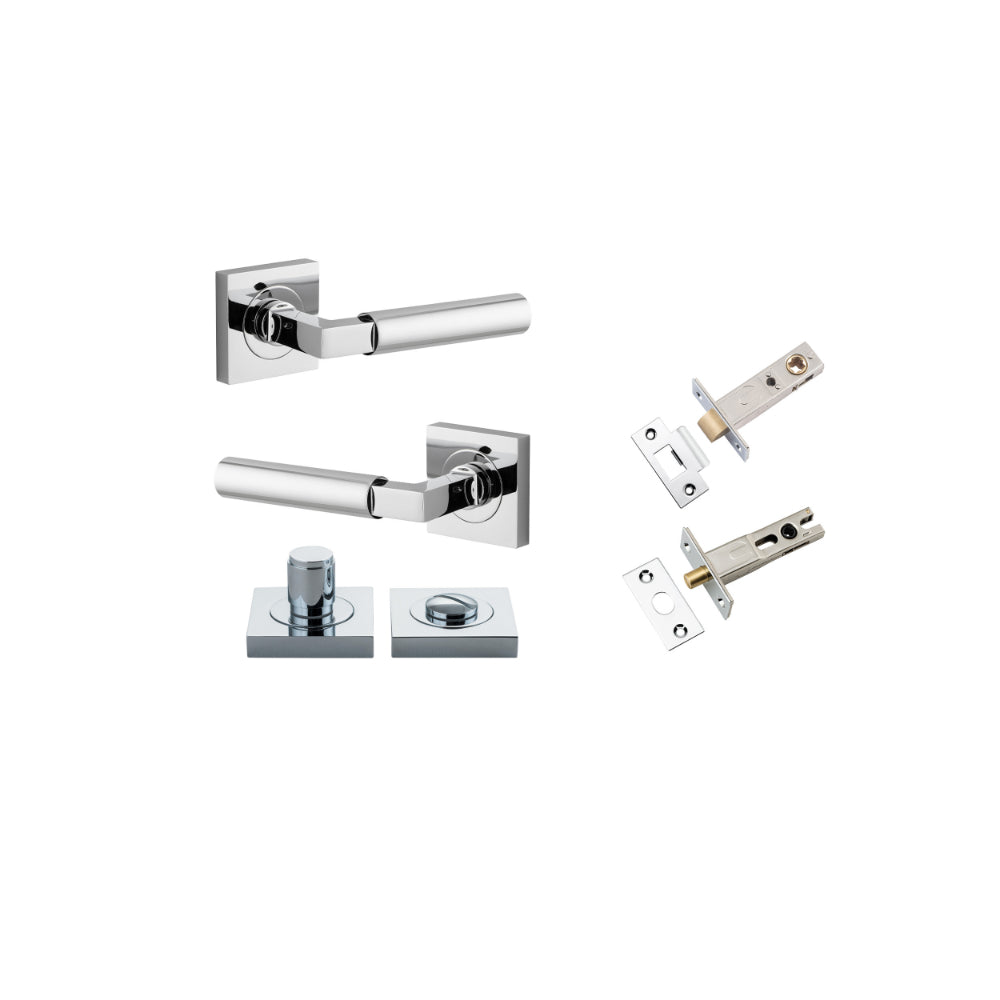Door Lever Berlin Rose Square Polished Chrome L120xP60mm BPH52xW52mm Privacy Kit, Tube Latch Split Cam 'T' Striker Polished Chrome Backset 60mm, Privacy Bolt Round Bolt Polished Chrome Backset 60mm, Privacy Turn Berlin Concealed Fix Square D52xP35mm in Polished Chrome